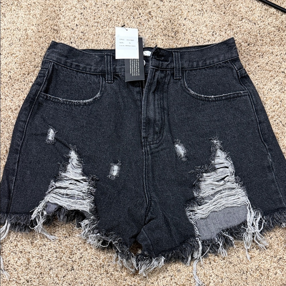 Distressed Black High-Waist Denim Shorts